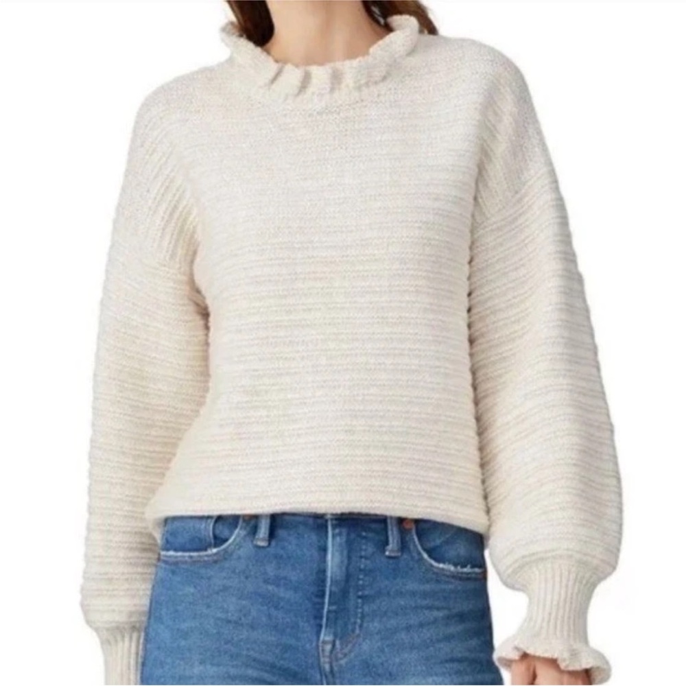 Madewell Oatmeal Cream Ruffle Neck Puff Sleeve Cropped Knit Sweater - L - Picture 16 of 16